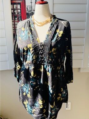 Elle Black Floral V-Neck Pintuck Blouse with Teal and Yellow Accents